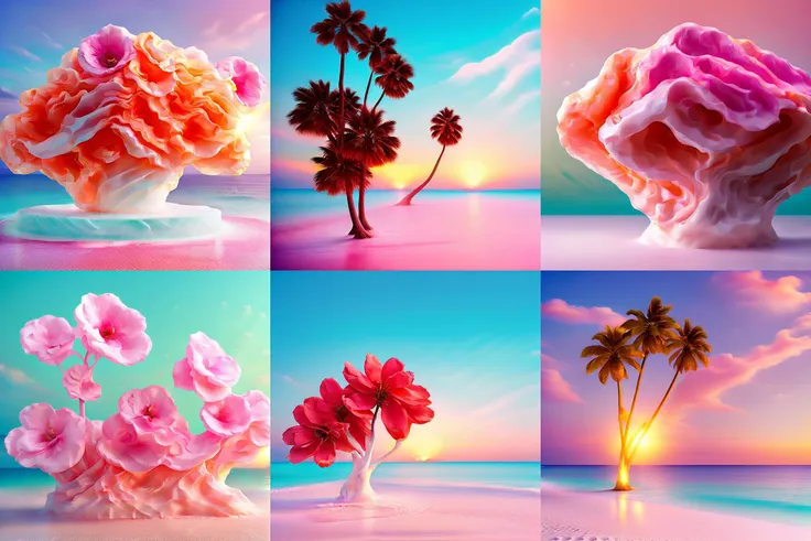 flrmrbl, floral marble, palm trees in a beach, vaporwave color, dawn,