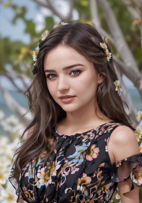 portrait, attractive young woman, MirKer, (beautiful face:1.1), detailed eyes, luscious lips, (eye makeup:1.2), (large breasts:1.0), (tight body:1.2), (black hair:1.2), wearing (flowery dress:1.2) at (the beach:1.2). (morning sun lighting:1.2), depth of field, bokeh, 4K, HDR. by (James C. Christensen:1.2|Jeremy Lipking:1.1).
  <lora:MirandaKerrv1.2:1>