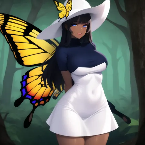 intricate details, masterpiece, absurdres, best quality, ultra-detailed, illustration, sharp focus, natural lighting, vivid colors, full body, realistic proportions, (cowboy shot, forest), (adult, mature:1.1, dark skin, 1girl, arms behind back, (pear-shaped body:0.7)), (green long hair, messy), (seductive smile, (navy blue eyes)), (pumpkin hat, shepherd), (makeup:1.1), (white short dress), (yellow butterfly wings) <lora:ButterflyWings-000020:0.75>