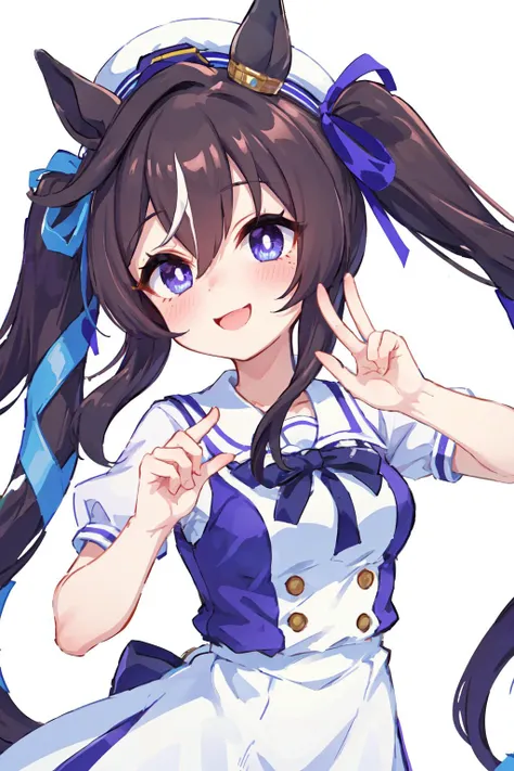 extremely detailed,high quality,highres,16K,RAW,ultra highres,ultra details,finely detail,an extremely delicate and beautiful,extremely detailed,glowing skin,blush cheeks,1girl,solo,seductive pose,smile,short petite,viblos \(umamusume\),<lora:1280_Lion_locon_LyCORIS:0.6>,horse girl,horse ears,horse tail,long hair,twintails,brown hair,long hair,hat,purple eyes,multicolored hair,ear ornament,hair ribbon,