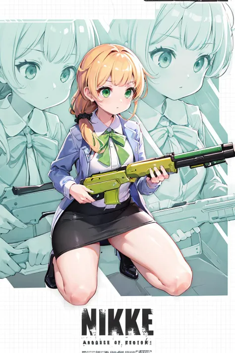 extremely detailed,high quality,highres,16K,RAW,ultra highres,ultra details,finely detail,an extremely delicate and beautiful,extremely detailed,lovely sweet moe face,glowing skin,blush cheeks,cinematic lighting,sharp focus bokeh,highlight cinematicpostprocessing,intricate human hands fingers,thighs,pale skin,(masterpiece, top quality, best quality, official art, beautiful and aesthetic:1.2),1girl,solo,IncrsNikkeProfile,<lora:NikkeProfile:1>,full body,zoom layer,holding weapon,holding gun,one knee,<lora:ellenbaker-lora-nochekaiser:0.8>,ellen baker,blonde hair,(green eyes:1.5),long hair,ponytail,scrunchie,pencil skirt,