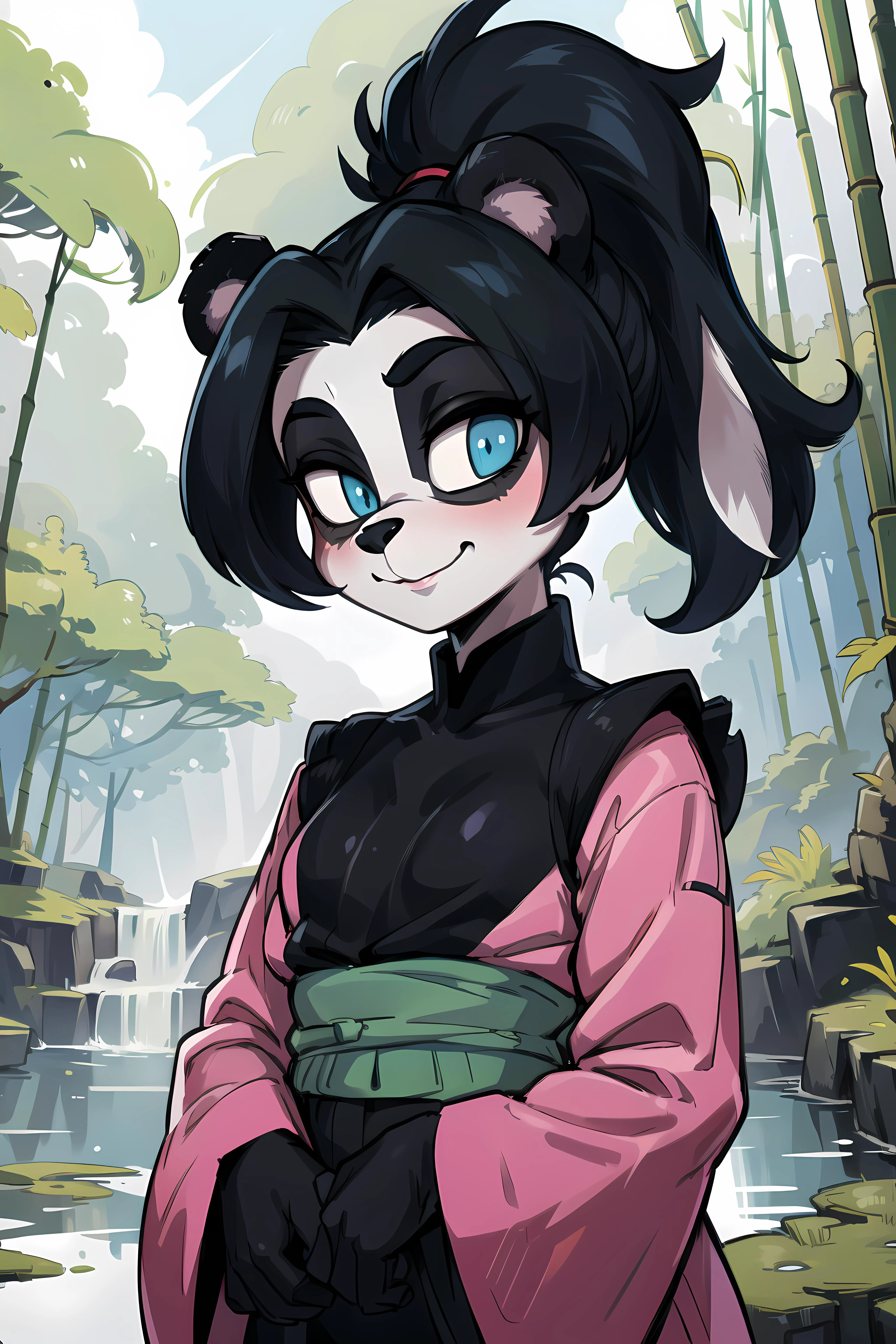((masterpiece,best quality)), absurdres, (((sfw))), Lili,furry ,panda ears,animal nose,bear tail,black ponytail, two-tone fur, solo, pink Robes,hair tie,long sleeves, village, bamboo forest, lake, (insanely detailed, beautiful detailed face, masterpiece, beautiful detailed eyes, best quality) <lora:LiLi:0.7>, smile