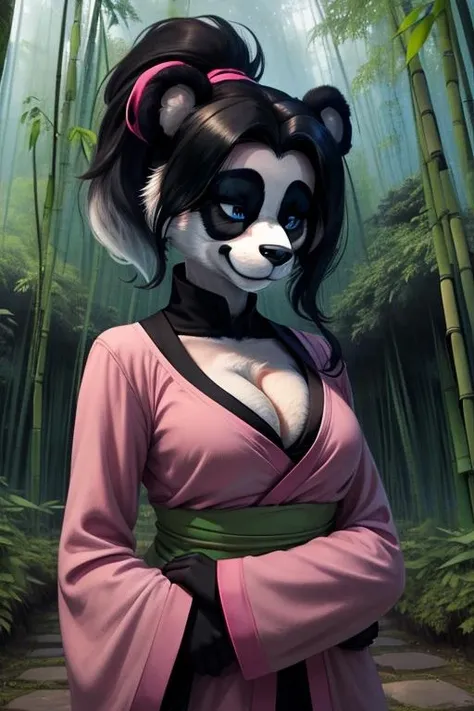 Lili,furry , half-closed eyes,panda ears,animal nose,bear tail,black ponytail, two-tone fur, cleavage, solo, cowboy shot,
pink Robes,hair tie,long sleeves,
village, bamboo forest, lake,
(insanely detailed, beautiful detailed face, masterpiece, beautiful detailed eyes, best quality) <lora:LiLi:0.7>