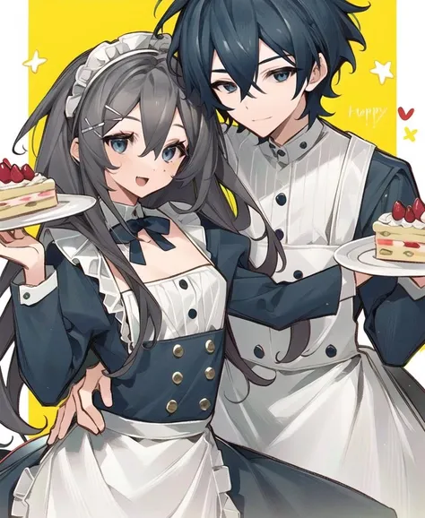 8kï¼ultra-detailed, illustration, (beautiful detailed eyes), beautiful, amazing, mature male, detailed eyes, (((masterpiece)))<lora:YYY-000014:0.9>cake, food, maid, maid headdress, tray, holding tray, cake slice, enmaided, strawberry, holding plate, plate, fruit, apron, green background, maid apron, 1boy, strawberry shortcake, smile, white apron, hair between eyes, 1girl, birthday cake, fork, parfait, black hair, long hair, cherry, teacup, happy birthday, pastry,