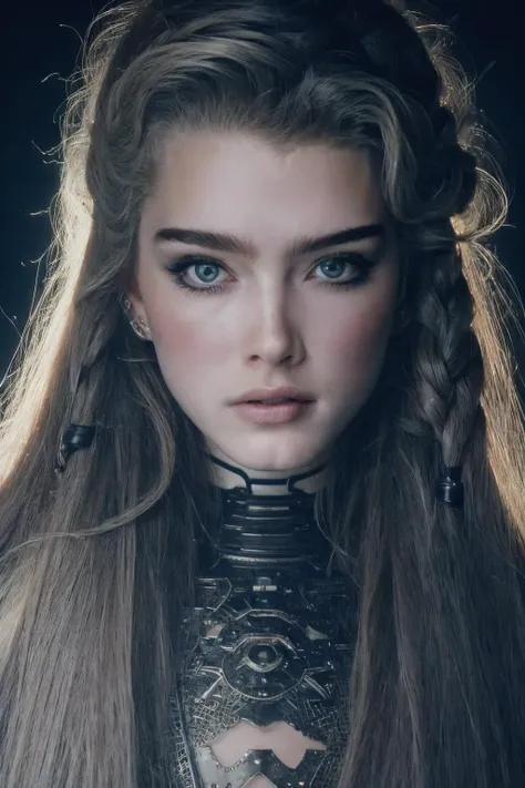 <lora:Brooke_Shields:1>, <lora:rmadart3NoiseoffsetSD1_v10:1>, Biomechanical hacker - shaman of the sisterhood of cables wearing cable - dress made of cables with biomechanical filigree, super haute couture, highly detailed eye, highly detailed lips, highly detailed skin, bokeh, lenseflare, by Rebecca Millen, Brandon Woelfel, shot with Hasselblad X1D - 50c