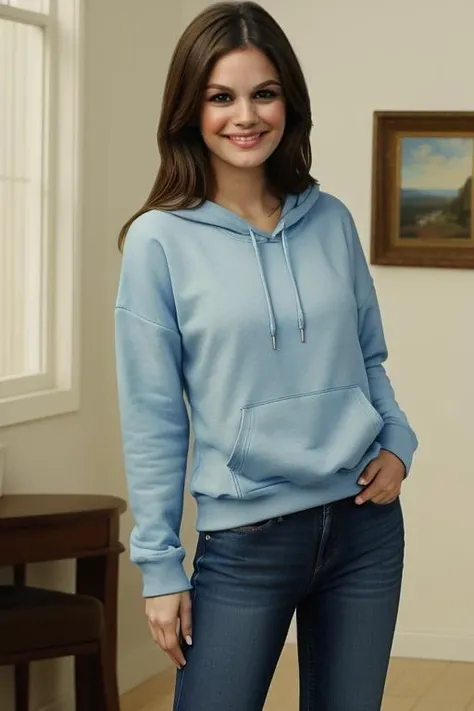 full body shot of rachelbilsonlora wearing a blue sweatshirt and blue jeans, standing, smiling,  looking at viewer, masterpiece, indoor <lora:rachelbilsonlora:1>