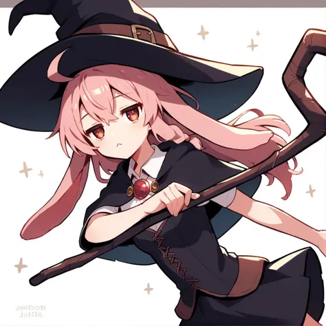 source_anime, score_9, score_8_up, score_7_up, highly detailed, BREAK <lora:last:0.6>,dynamic_pose ,dutch_angle ,
cute girl ,witch,lop rabbit ears,Long hair,pink blonde hair,ahoge ,straight_hair ,crossed_bangs,(jitome),bags_under_eyes ,(cat mouth ), small breasts, witch hat, capelet, crystal pendant, staff ,short skirt,vest
,(Long Shot), fantasy,white background,simple background, <lora:jitome_AXL30_v09a:5>