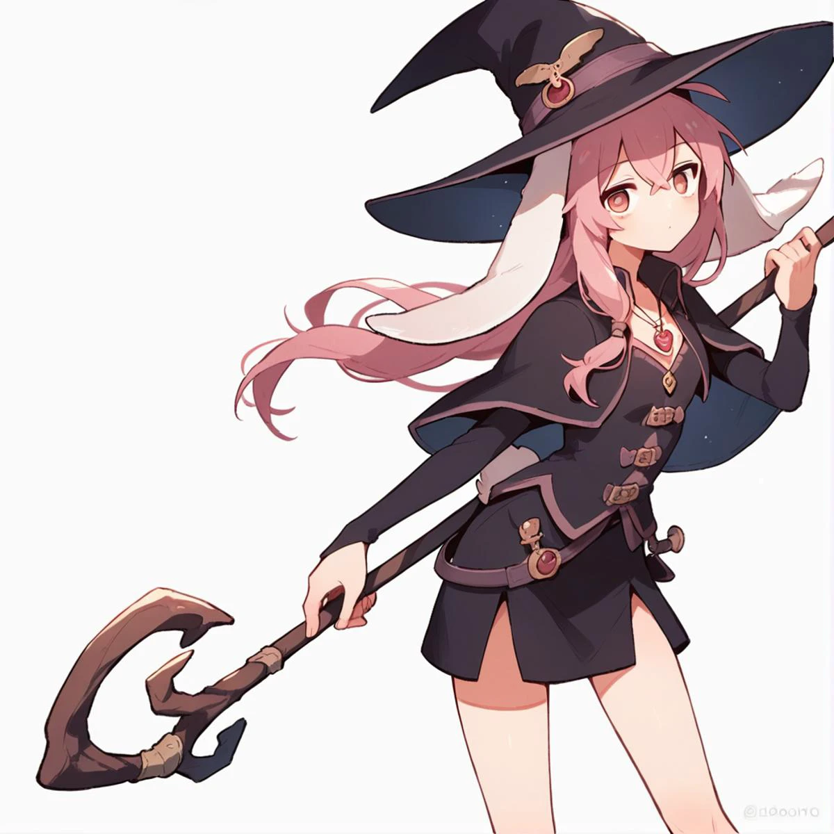 source_anime, score_9, score_8_up, score_7_up, highly detailed, BREAK <lora:last:0.6>,pose,
cute girl ,witch,lop rabbit ears,Long hair,blode pink hair,ahoge ,straight_hair ,crossed_bangs,(jitome),bags_under_eyes ,(:3), small breasts, witch hat, capelet, crystal pendant, staff ,short skirt,vest
,Knee shot, fantasy,white background,simple background, <lora:jitome_AXL30_v09a:5>