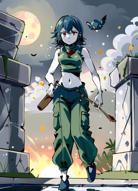 miserycs,1girl,hovering,facing viewer,character portrait,crop top,full body,midriff,baggy pants,night,in field,marble ruins,white skin,masterpiece,best quality,short hair,sleeveless <lora:MiseryCS-11:0.9>