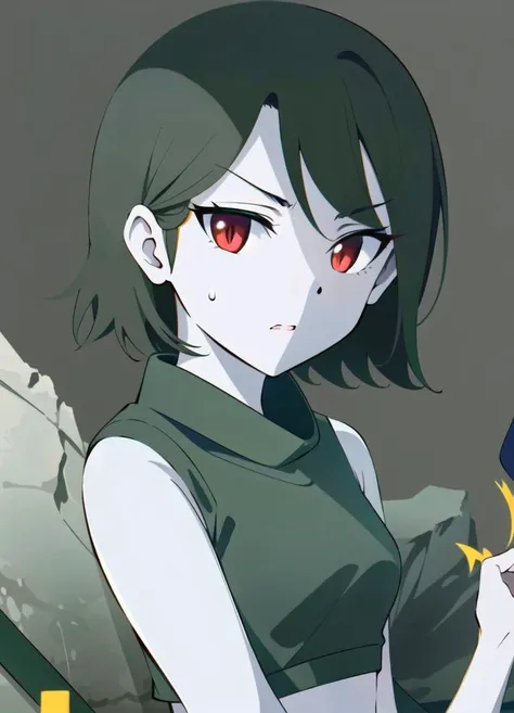 miserycs,1girl,hovering,floating,facing viewer,character portrait,crop top,full body,midriff,sweatpants,baggy pants,in cave,dark green hair,white skin,masterpiece,best quality,short hair,sleeveless,((brown background)),detailed background, <lora:MiseryCS-11:0.7>