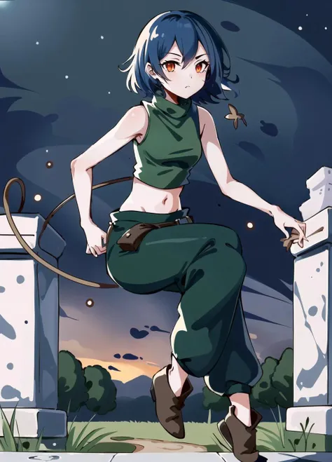 miserycs,1girl,hovering,facing viewer,character portrait,crop top,full body,midriff,baggy pants,night,in field,marble ruins,masterpiece,best quality,short hair,sleeveless <lora:MiseryCS-11:0.8>