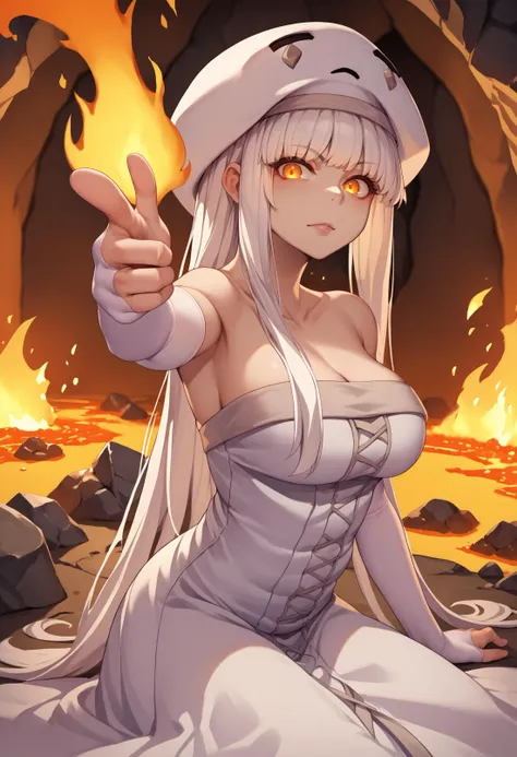 score_9, score_8_up, score_7_up, source_anime, Ghast-chan, yellow eyes, white hair, long hair, large breasts, hat, white dress, bare shoulders, elbow gloves, fingerless gloves, <lora:Ghast_XLPD:1>, sitting,  <lora:Fingergun_XLPD:1> finger gun, pointing at viewer, stone, cave, fire, molten rock, lava,