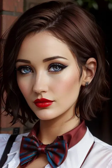photo of a woman, <lora:petatodd-10:0.6>, petatodd, peta todd,(serious), ((bowtie, shirt):1.2), ((short hair, dark brown hair)), ((outdoors):1.1), ((closeup, portrait)), ((red lipstick, makeup)), ((best quality, masterpiece, extreme details, high resolution):1.2),((detailed eyes, beautiful eyes, detailed face, beautiful face):1.2)
