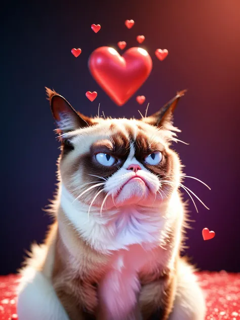 photo of very grumpy grumpy_cat, lovelyairxl, floating heart effect <lora:Floating_Hearts_Effect:1>