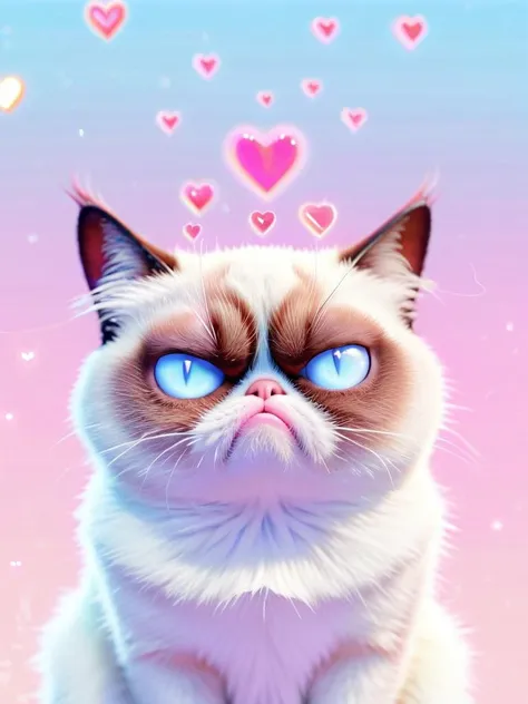 photo of very grumpy grumpy_cat, lovelyairxl, floating heart effect <lora:Floating_Hearts_Effect:1> <lora:KawaiiTechXL:0.8> kawaiitech, cute pastel colors and symbols