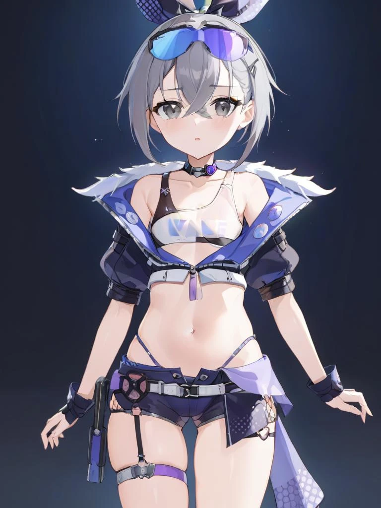 Yinglang girl,gray eyes,goggles,navel,Special clothing,<lora:xl_yinglang girl-000007:1>,, masterpiece, best quality,