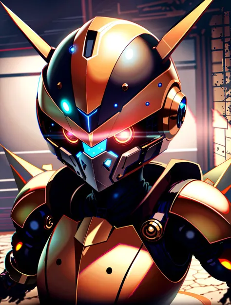 ultrarealistic, 8k, hires,
cinematic lighting, realistic shadows, detailed textures, dynamic lighting, super cute,
Medabot, full body, black and gold, warrior, spiked armor, complex, 
<lora:MedabotLoraV1TrainedTest:1>