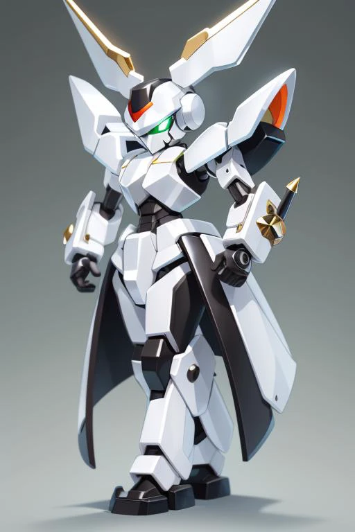 A white and black Medabot with gold trim, high detail, simple background, MedabotV2 <lora:MedabotLoraV1TrainedTest:1>