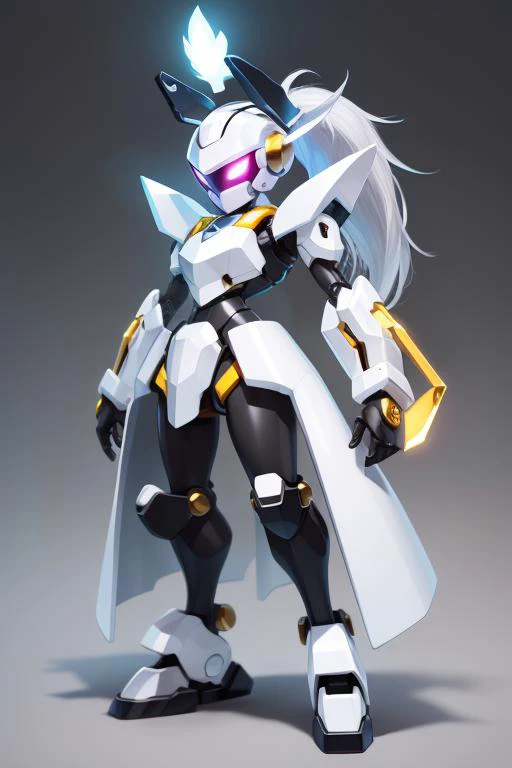 A solo white and black Medabot with gold trim with no mouth and glowing eyes and long hair high ponytail, high detail, simple background, <lora:MedabotLoraV1TrainedTest:1>