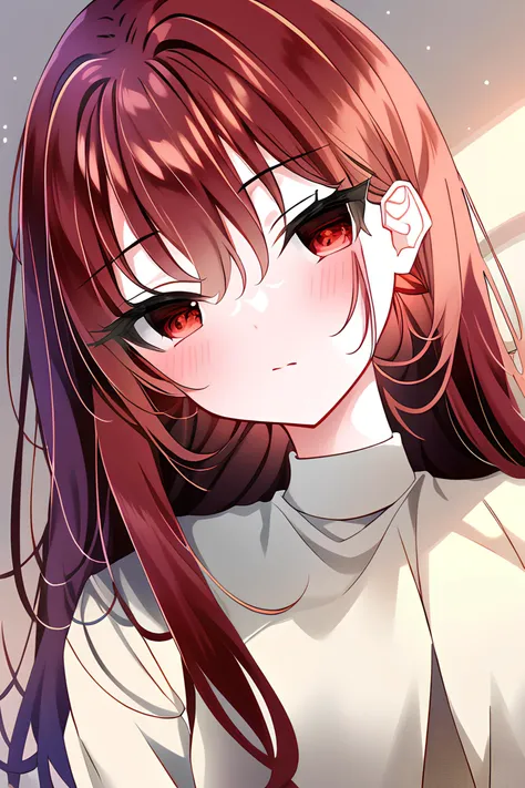 score_9, score_8_up, score_7_up, score_6_up, 1girl, red hair, red eyes, long hair, blowing kiss, k1ss3s, looking at viewer, heart, blush