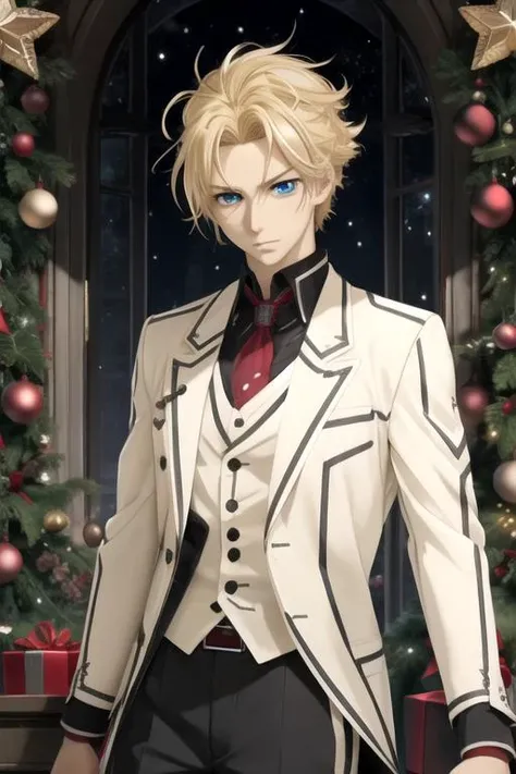 masterpiece, best quality, wallpaper, 1boy, solo, male focus, looking at viewer, , , anime coloring, realistic, <lora:hanabusa_aidou:0.70>, hanabusa_aidou, blonde hair, blue eyes, christmas costume, atompunk, HDR