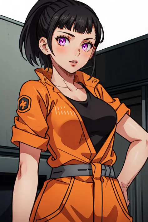 (masterpiece, best quality),  intricate details,
<lyco:GoodHands-beta2:0.8>
1girl,   <lora:maki_oze_ver1.0:0.8> maki oze, black hair, purple eyes, ponytail, medium hair, medium breasts, 
black tank top, orange jumpsuit, orange jacket, orange jumpsuit,