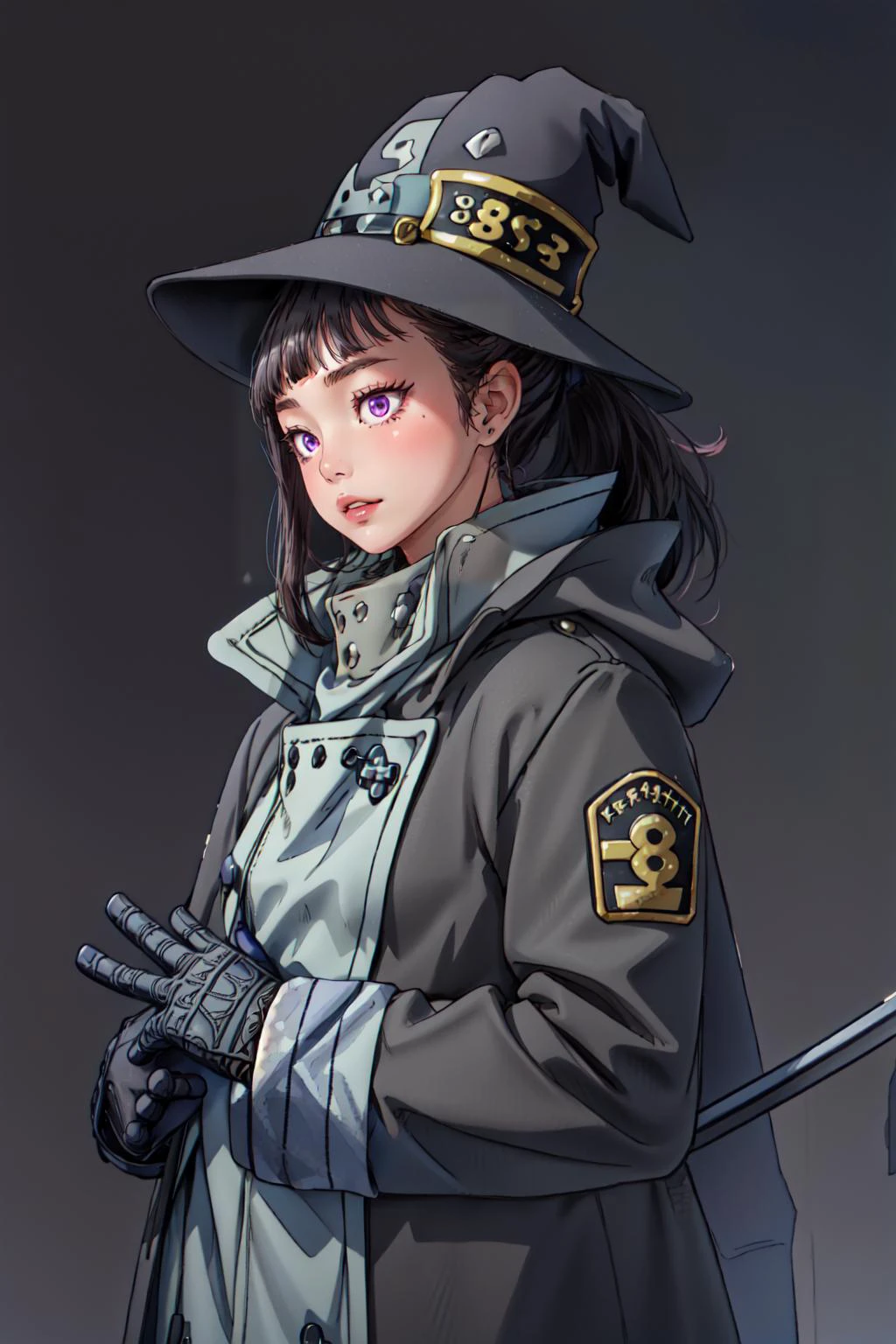 (masterpiece, best quality), intricate details,
<lyco:GoodHands-beta2:0.8>
1girl, <lora:maki_oze_ver1.0:0.8> maki oze, black hair, purple eyes, ponytail, medium hair, medium breasts,
black coat, gloves, long sleeves, blue lines, hat, witch hat,