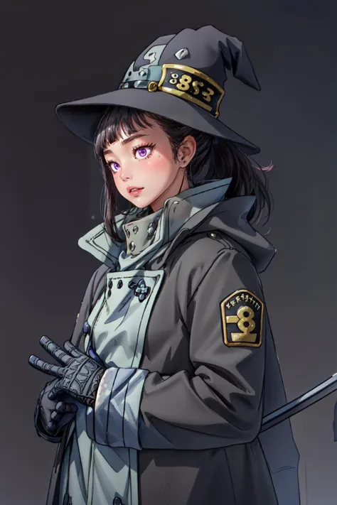 (masterpiece, best quality),  intricate details,
<lyco:GoodHands-beta2:0.8>
1girl,   <lora:maki_oze_ver1.0:0.8> maki oze, black hair, purple eyes, ponytail, medium hair, medium breasts, 
 black coat, gloves, long sleeves, blue lines, hat, witch hat,