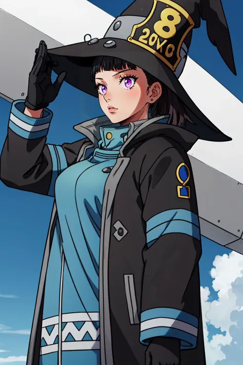 (masterpiece, best quality),  intricate details,
<lyco:GoodHands-beta2:0.8>
1girl,   <lora:maki_oze_ver1.0:0.8> maki oze, black hair, purple eyes, ponytail, medium hair, medium breasts, 
 black coat, gloves, long sleeves, blue lines, hat, witch hat,