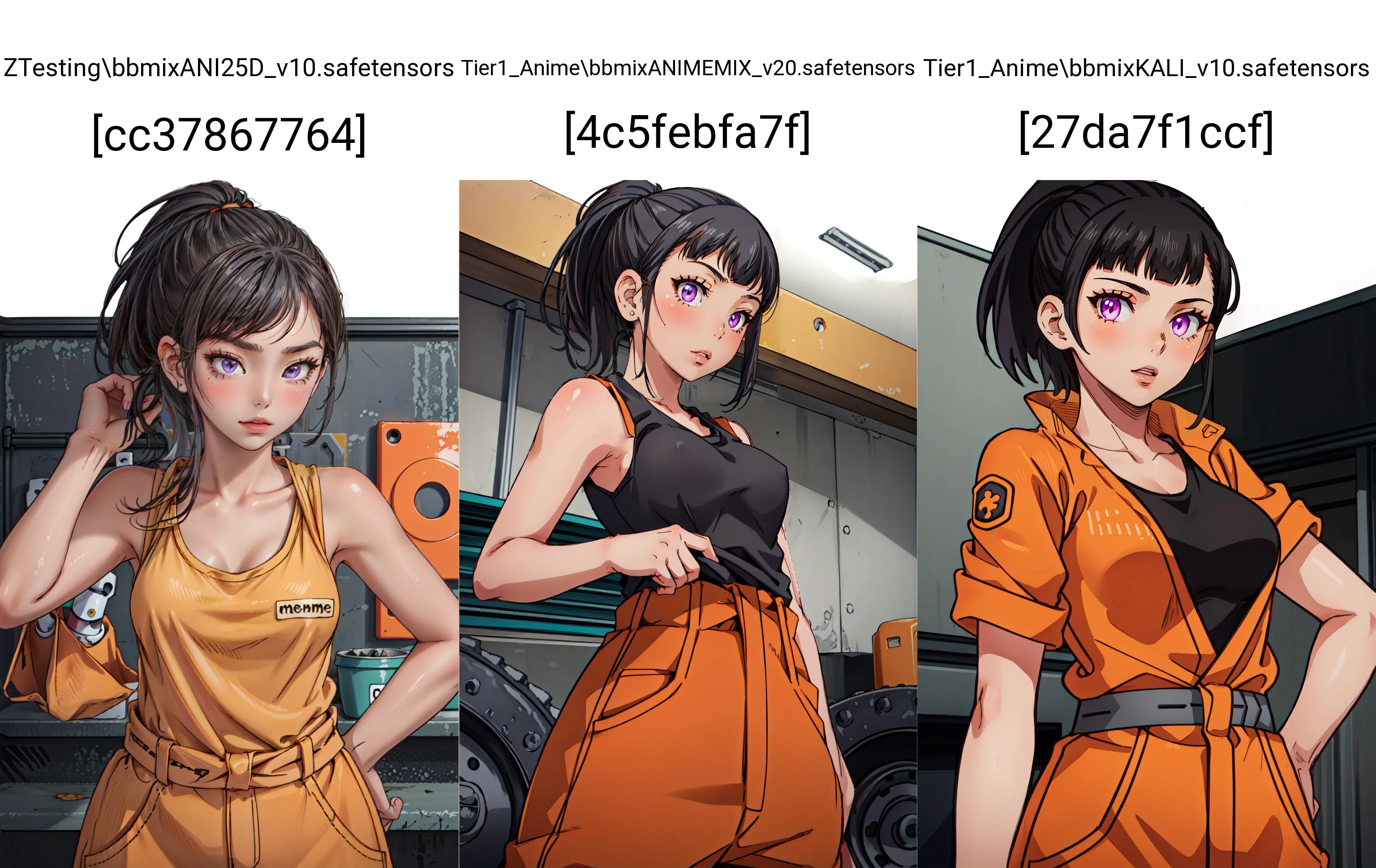 (masterpiece, best quality), intricate details,
<lyco:GoodHands-beta2:0.8>
1girl, <lora:maki_oze_ver1.0:0.8> maki oze, black hair, purple eyes, ponytail, medium hair, medium breasts,
black tank top, orange jumpsuit, orange jacket, orange jumpsuit,