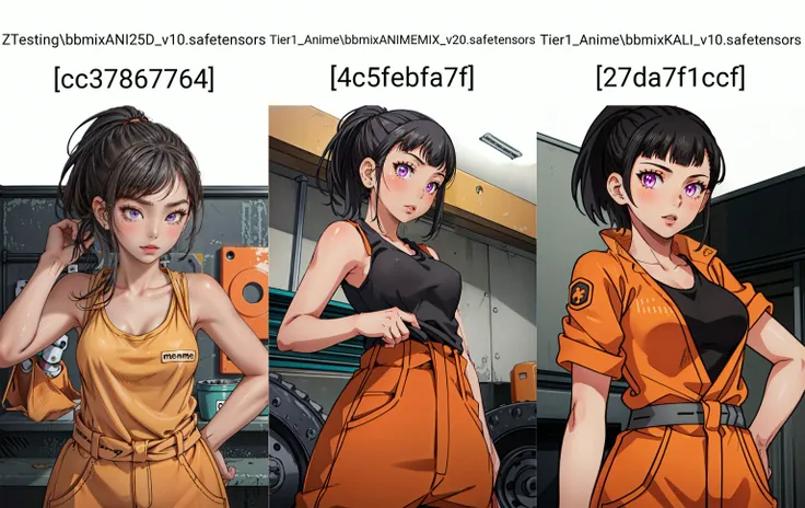 (masterpiece, best quality),  intricate details,
<lyco:GoodHands-beta2:0.8>
1girl,   <lora:maki_oze_ver1.0:0.8> maki oze, black hair, purple eyes, ponytail, medium hair, medium breasts, 
black tank top, orange jumpsuit, orange jacket, orange jumpsuit,