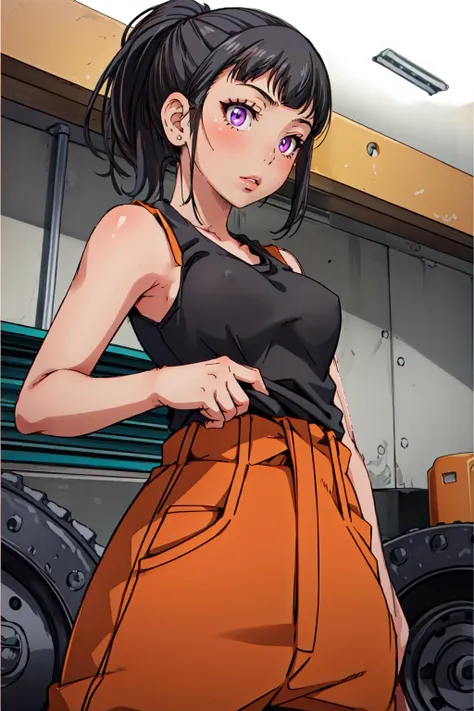 (masterpiece, best quality),  intricate details,
<lyco:GoodHands-beta2:0.8>
1girl,   <lora:maki_oze_ver1.0:0.8> maki oze, black hair, purple eyes, ponytail, medium hair, medium breasts, 
black tank top, orange jumpsuit, orange jacket, orange jumpsuit,