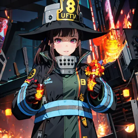 masterpiece, best quality, highres, 1girl, <lora:add_detail:1>, maki oze, black hair, purple eyes, ponytail, medium hair, medium breasts, <lora:maki_oze_ver1.0:1> , black coat, gloves, long sleeves, blue lines, hat, witch hat, in the middle of a fire building,floating weapon, fire