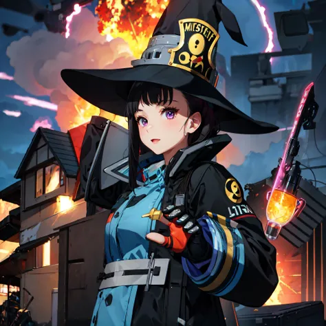 masterpiece, best quality, highres, 1girl, <lora:add_detail:1>, maki oze, black hair, purple eyes, ponytail, medium hair, medium breasts, <lora:maki_oze_ver1.0:1> , black coat, gloves, long sleeves, blue lines, hat, witch hat, in the middle of a fire building,floating weapon, fire