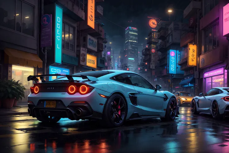 <lora:StackedCityAI:0.8> StackedCityAI sport car in  cyberpunk street city at night, neons, rain