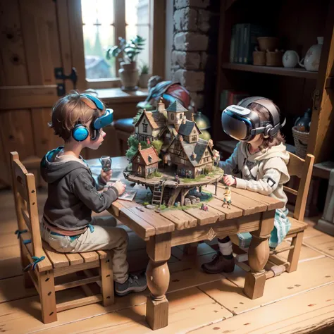 long shot, interior view of a group of kids with VR headsets sitting around a table with a miniature fantasy medieval <lora:StackedCityAI:1> StackedCityAI village on top of it  