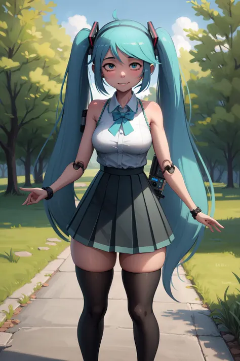 (nradiowave:1.4), (Masterpiece, Best Quality, Highres:1.4), Detailed, Intricate Details, 4K,
1Girl, Solo, Standing, Hatsune Miku,
Aqua Hair, Twintails,
Aqua Eyes, Long Eyelashes, Thick Eyelashes, Looking at Viewer,
Happy, Smile,
Thighhighs, (Black Pleated Skirt:1.2),
Thick Thighs, Skindentation, (Doll Joints:1.2),
Outdoors, Forest, Path, Plants, Trees, Rocks,
<lora:nradiowave:1.2>