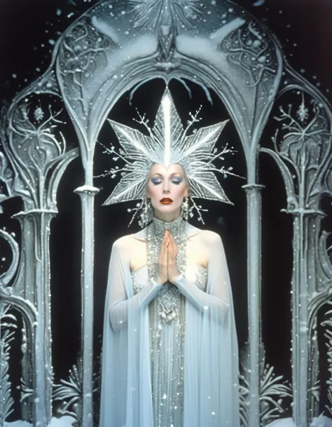 ...((A majestic portrayal of the Snow Queen, inspired by the ethereal illustrations of Kay Nielsen)), snowy landscape, icy palace, intricate frost patterns, regal presence, shimmering auroras, delicate ice crystals, enchanted mirror, enthralling smile, swirling snowflakes, magic emanating from her fingertips, empowered by wintry magic, ...(still image)... lora - <lowfi-step00015000>
art in lomostyle,