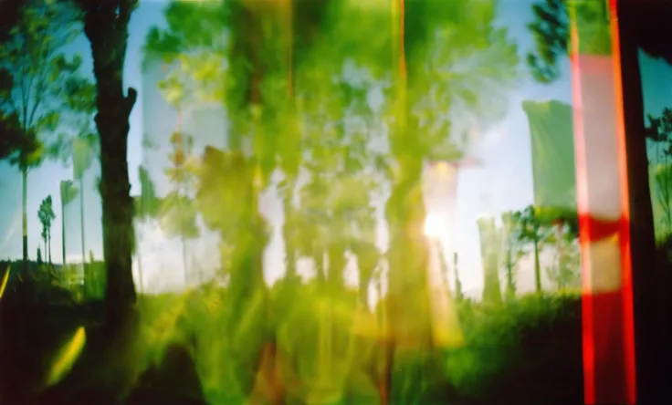 (doubles:1.2), a landscape photo of a scenic forest and a cityscape, (double exposure, multi-exposure), natural lighting, sunlight, vivid colors, film grain, photographed on a Holga 120 CFN, 120mm, with Lomography Color Negative 400 Film, Medium format, outdoors, in Athens, Greece, during the spring, panorama, sfw, in lomostyle