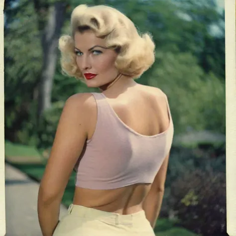 a rear angle vintage color photo of (mature woman from the 1950s with curly blonde short bob hair teasing her perfectly sculpted butt), detailed facial features, alluring eyes, looking back at viewer, (wearing skintight Bermuda shorts and T-shirt), athletic body, natural breasts, big ass, (highly detailed skin), sun kissed skin, seductively posing outside of Casino in 1950s Las Vegas, (cinematic lighting:1.1), ambient light, film grain, photographed on a Holga 120 GN, 120mm, with Fuji Pro 400H film, outdoors, in Las Vegas Nevada, erotic, from behind, booty worship, (full body:0.9), in lomostyle