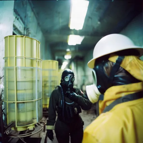 ((ass focus)),, rear angle Film still, cinematic lighting, a (Ukrainian woman CBRN defense soldier wearing a gasmask and skintight hazmat suit that accentuates her big ass, from behind:1.2), candid, she is exploring an abandoned nuclear power plant, athletic body, fill flash lighting, dramatic, dramatic lighting, (film grain), sharp shadows, photographed on a Canon AE-1, 50mm f1.8 lens, with Kodak VISION2 500T color negative film, indoors, in Chernobyl, Ukraine, still frame from Chernobyl miniseries, butt focus, in lomostyle