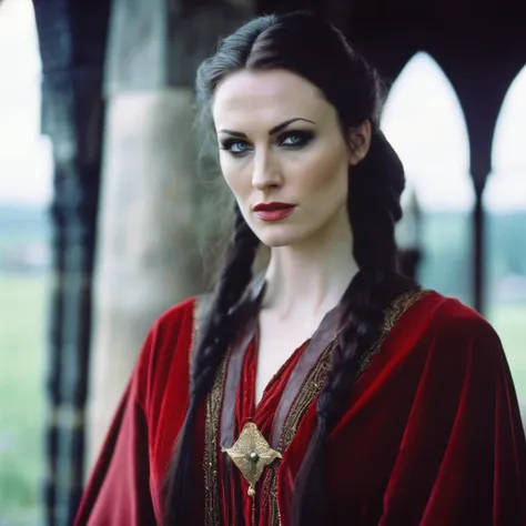 Masterpiece, best quality, hyperrealistic (portrait:0.9) photograph, of (effortlessly beautiful Nordic female vampire with dark braided hair and pale skin), ((Serana from Skyrim)), ((perfect face)), seductive look, (highly detailed skin), lifelike texture, supple skin pores, (wearing velvet red royal vampire robes:1.2), standing in front of Castle Volkihar, dark fantasy_\(setting\), ominous atmosphere, storm clouds above, cold color temperature, dull, (cinematic lighting), shallow depth of field, photographed on a Nikon D800, 60mm F2.8 cine lens, 800 ISO, with Cinestill 800T film, soft focus, (hyperdetailed, intricately detailed), film-like, HDR, 8k, film still from Skyrim live action adaptation, front facing, [closeup], in lomostyle