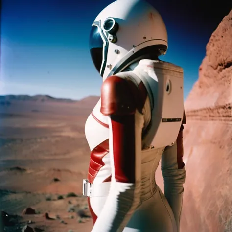 focus on her ass, A futuristic rear angle (sci-fi) photo of a (fit woman futuristic astronaut standing on rock overlooking Martian valley on Mars), back towards viewer, not looking at viewer, (wearing skintight white and red sci-fi spacesuit, full body), fit body, (big ass), [wide hips], rusty red Martian terrain, mars dust scattered floating in air, (mountain:0.8), (lens flare:0.7), (cross-processing), (highly detailed), (cinematic lighting:1.1), sharp shadows, intricately detailed, photographed on a Hasselblad 500, 80mm F2.8 lens, with Cinestill 800T film, cinematic contrast, outdoors, ((on Mars)), space exploration, journey, nasa punk, from behind, sfw, erotica, in lomostyle