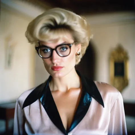 Highest quality, (cinematic lighting:1.1), 1980s crime drama film still, a (alluring Dutch detective woman with short military cut blonde hair and pale skin), geeky, (thick-framed square glasses), detailed facial features, (wearing tight button-down shirt with leather pants:1.2), large breasts, [wide hips], detailed skin, seductive pose, in the lavish bedroom of a ominous Victorian era castle in background, natural lighting, film grain, photographed on a Canon EOS 33, 50mm F1.4 lens, with (Kodak VISION2 500T color negative film), in 1980s Sinaia, Romania, (full body:0.9), erotic, in lomostyle