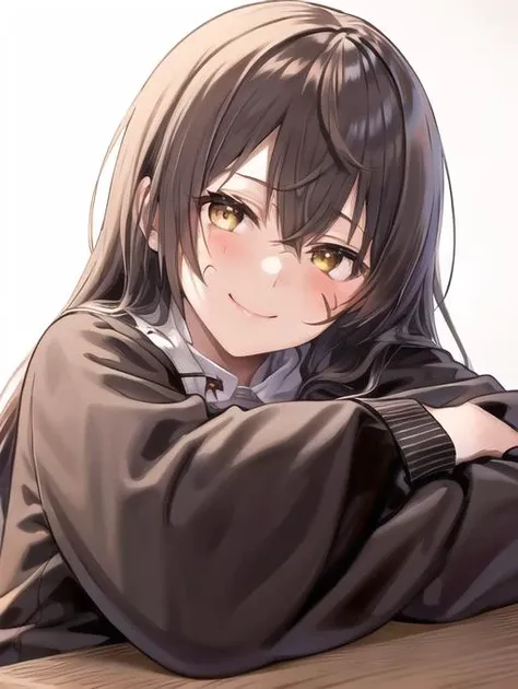 <lora:POVadoring:0.7> POVadoring, 1girl, solo, long hair, looking at viewer, blush, smile, bangs, simple background, brown hair, hair ornament, long sleeves, white background, hair between eyes, closed mouth, jacket, yellow eyes, black jacket, one side up, scar, crossed arms, armband, scar on face, scar across eye