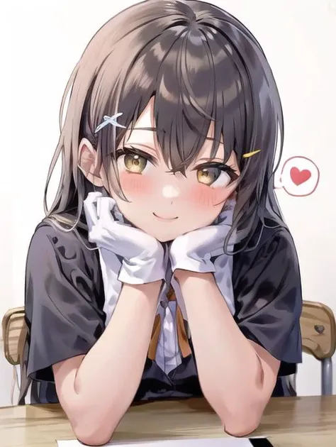 <lora:POVadoring:0.7> POVadoring, 1girl, solo, long hair, looking at viewer, blush, smile, simple background, shirt, black hair, hair ornament, gloves, white background, ribbon, hair between eyes, closed mouth, school uniform, yellow eyes, white shirt, upper body, short sleeves, heart, hairclip, collared shirt, white gloves, twitter username, vest, neck ribbon, blue ribbon, spoken heart, one-hour drawing challenge, black vest