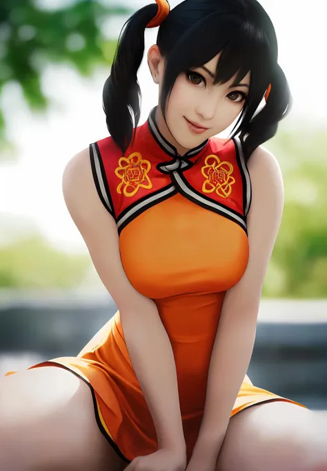 (Photo:1.3), highdetail, <lora:ling_xiaoyu:0.8>, ling_xiaoyu, 1girl, solo, sitting, smirk, formal dress, chinese clothes, orange dress, Dark red, gray, and black colors, vibrant colors, (summer, sunny weather:1.3), medium intensity lighting, (Soft focus:1.3), (acclaimed, alluring, captivating, exciting, gorgeous, striking:1.3), (ultra realistic, sharp focus:1.3)