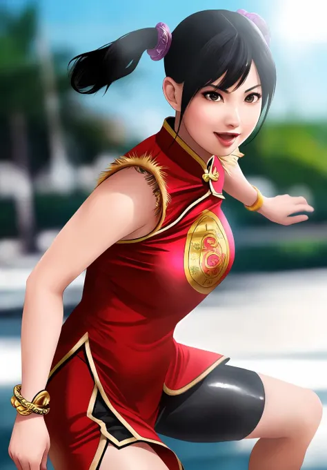 (Photo:1.3), highdetail, <lora:ling_xiaoyu:0.8>, ling_xiaoyu, 1girl, solo, standing, strike a pose, smirk, chinese clothes, short twintails, china dress, dress, jewelry, shorts, bracelet,, Dark red, gray, and black colors, vibrant colors, (summer, sunny weather:1.3), medium intensity lighting, (Soft focus:1.3), (acclaimed, alluring, captivating, exciting, gorgeous, striking:1.3), (ultra realistic, sharp focus:1.3)