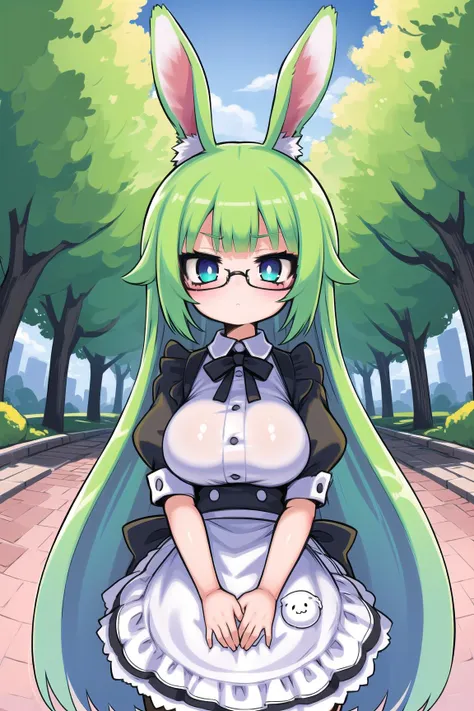 1girl, green hair, maid, (absurdly long hair:1.2), large breasts, expressionless, glasses, rabbit ears, jitome, looking at viewer, jitome, outdoors, in park, standing, fisheye <lora:alexi:1>