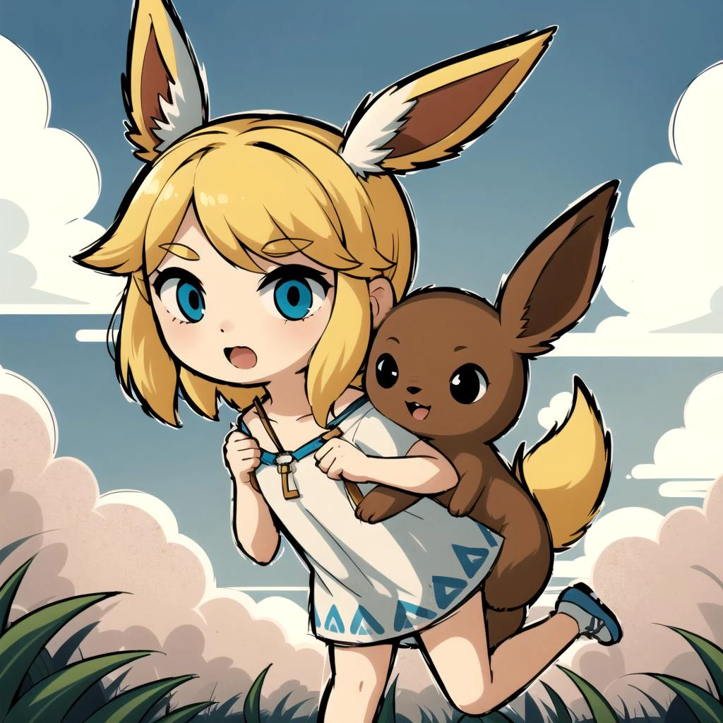 masterpiece, best quality, eevee, chibi, 1girl, white outline, young woman, strap pull, boorish, field of flowers, leg lock, <lora:WindWakerLora-40:0.8>